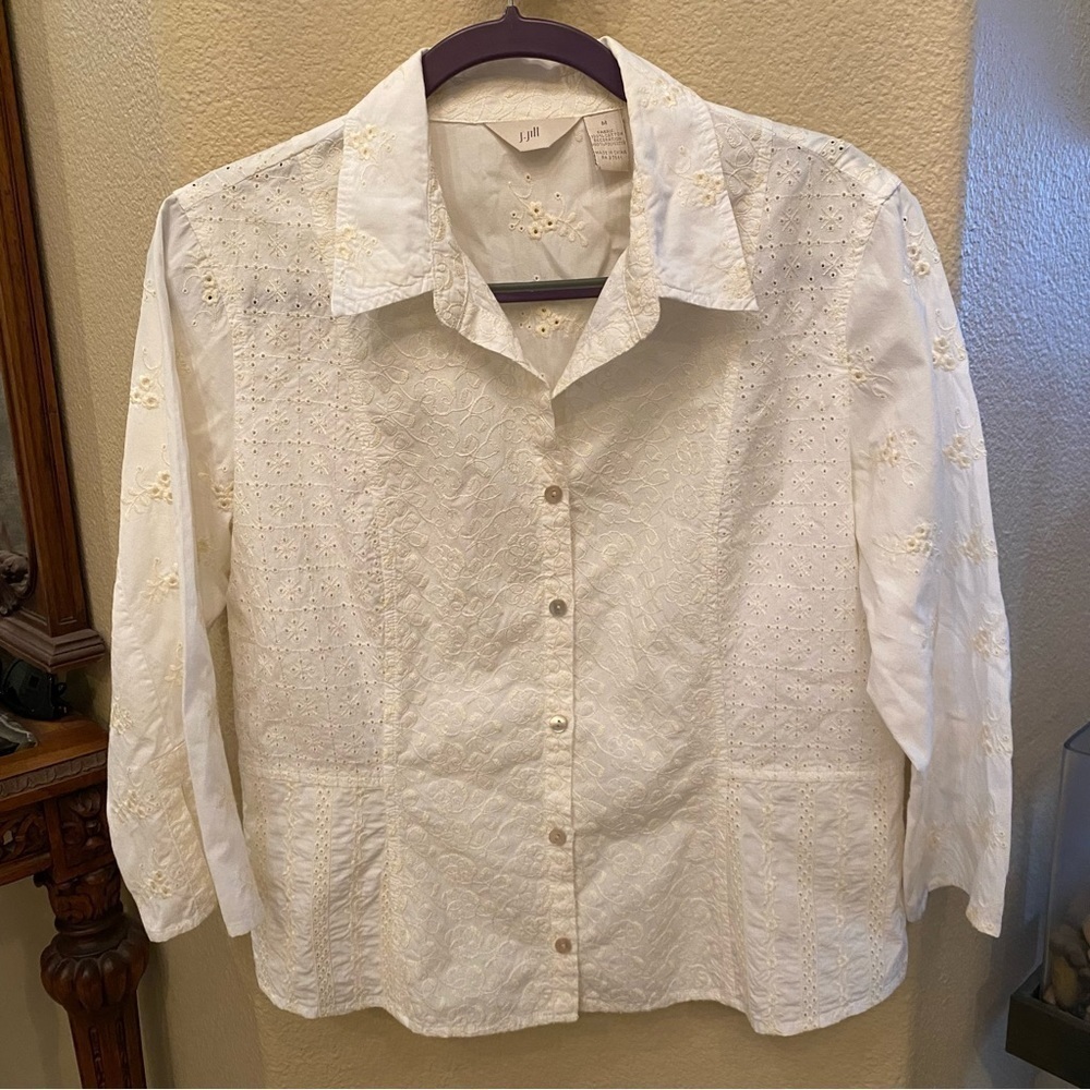 J. JILL Women Off White Eyelet 3/4 Sleeve Button Cottage Core Top Size Medium